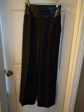 Commense Black Wide-Leg Trousers with Faux Leather Waist